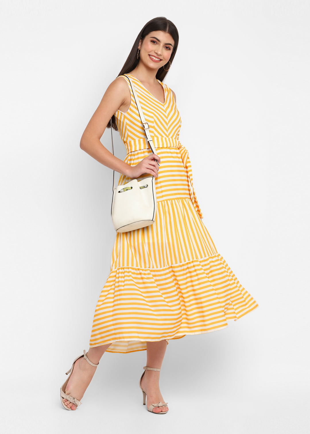 V Neck Yellow Stripe Midi Dress