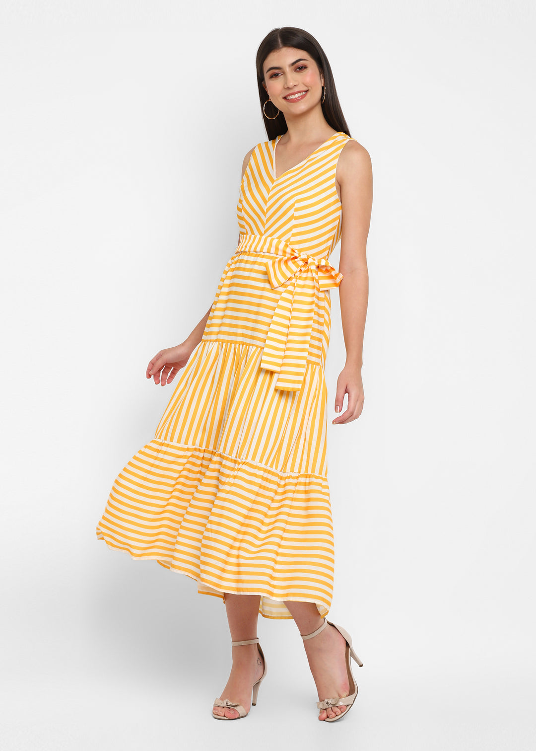 V Neck Yellow Stripe Midi Dress