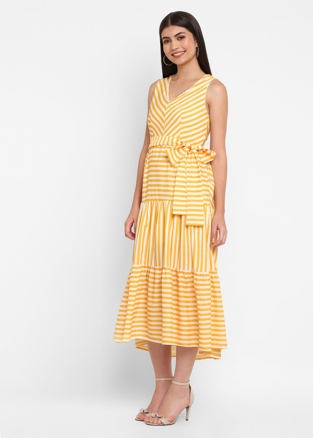 V Neck Yellow Stripe Midi Dress