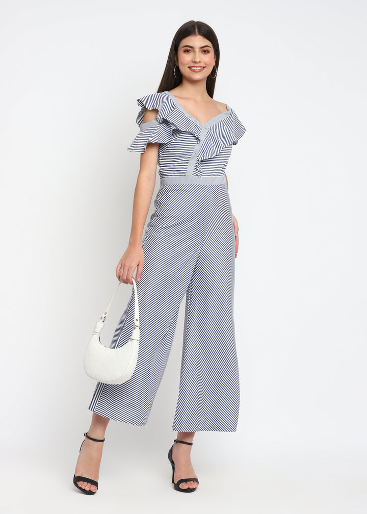 One Shoulder Asymmetrical Sleeve Stripe Jumpsuit