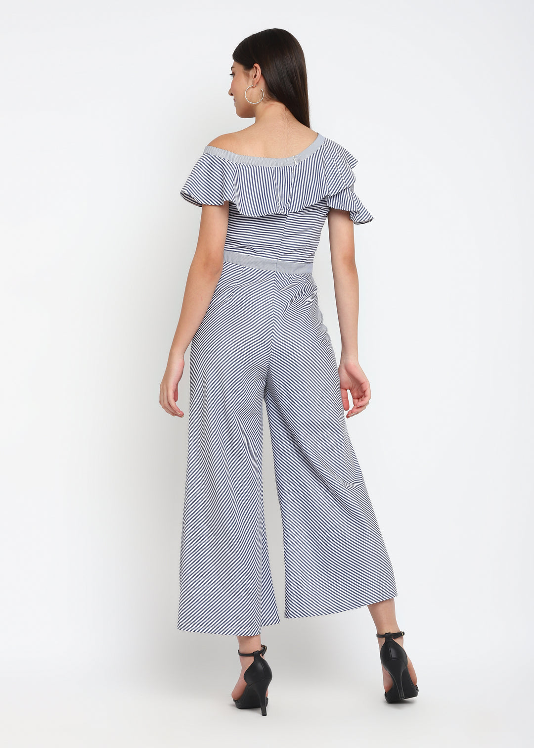 One Shoulder Asymmetrical Sleeve Stripe Jumpsuit