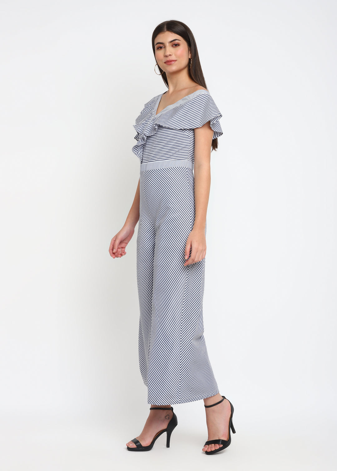 One Shoulder Asymmetrical Sleeve Stripe Jumpsuit