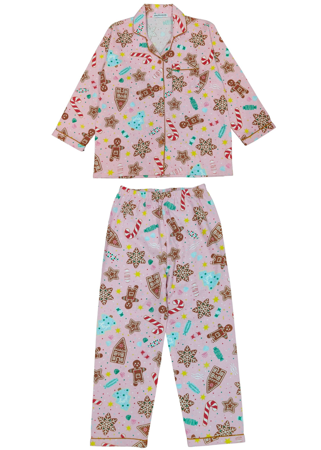 Kid's Pink gingerbread Print Cotton Flannel Long Sleeve Night Suit