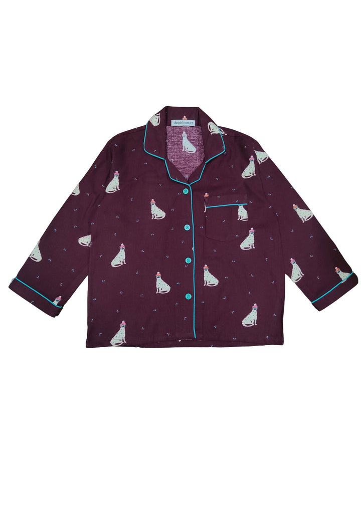 Maroon Kitty Print Cotton Flannel Long Sleeve Kid's Night Suit