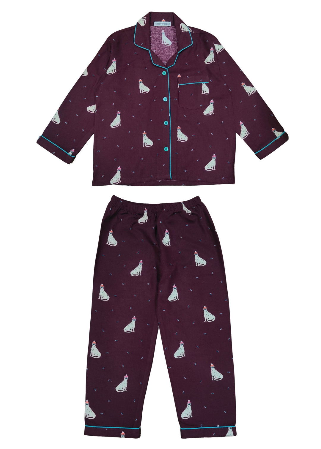 Maroon Kitty Print Cotton Flannel Long Sleeve Kid's Night Suit