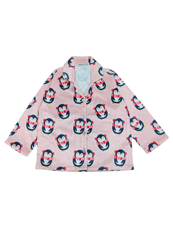 Pink Penguin Print Velvet Long Sleeve Kid's Night Suit