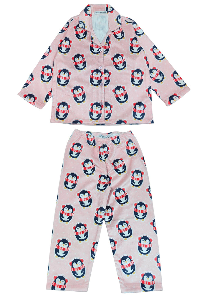 Pink Penguin Print Velvet Long Sleeve Kid's Night Suit