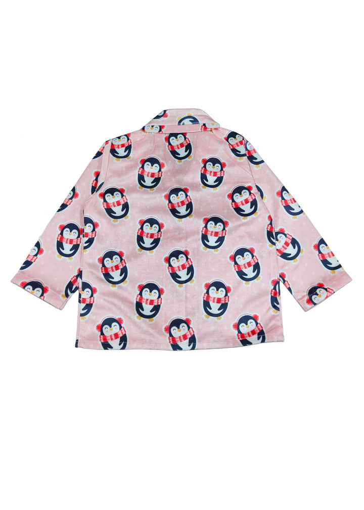 Pink Penguin Print Velvet Long Sleeve Kid's Night Suit