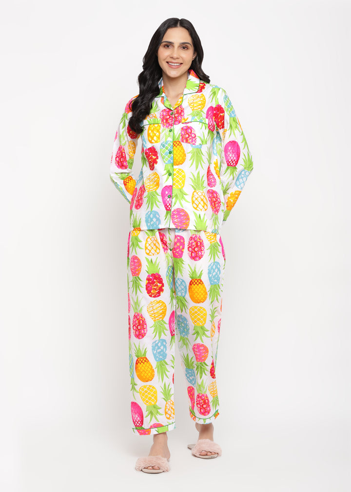 Big And Bright Pineapple Print Long Sleeve Women's Night suit