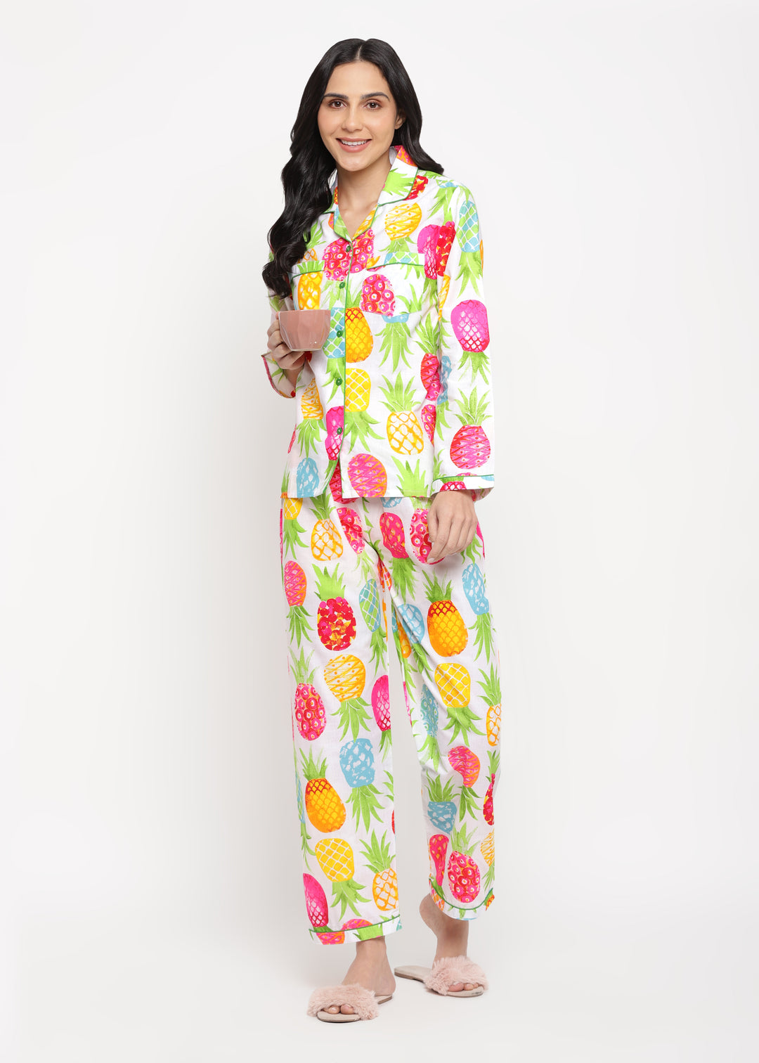 Big And Bright Pineapple Print Long Sleeve Women's Night suit