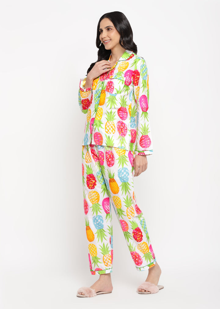 Big And Bright Pineapple Print Long Sleeve Women's Night suit