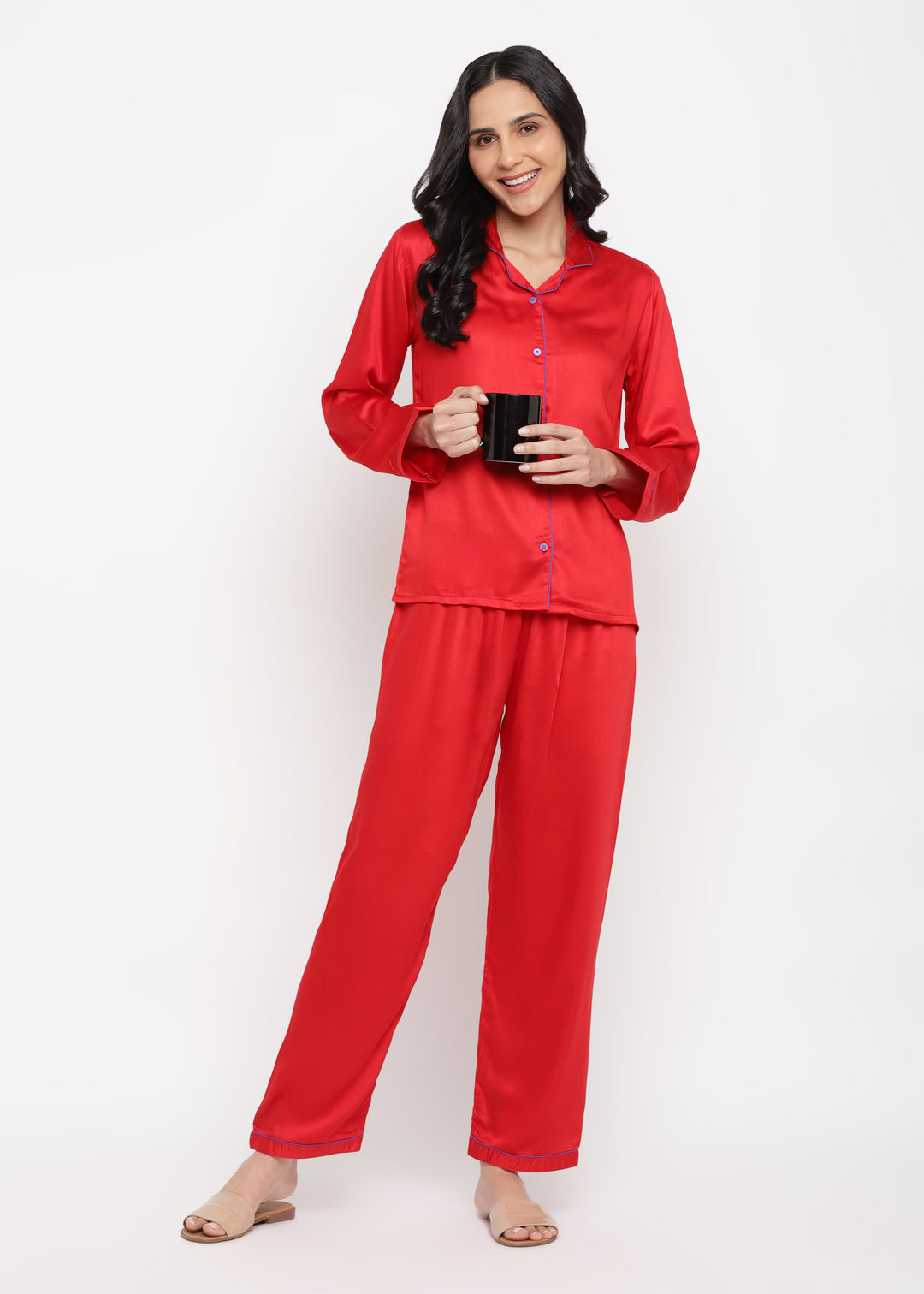 Ultra Soft Red Modal Satin Long Sleeve Women's Night Suit