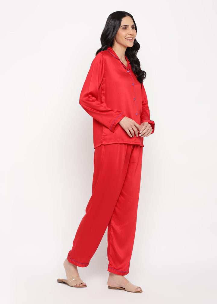 Ultra Soft Red Modal Satin Long Sleeve Women's Night Suit