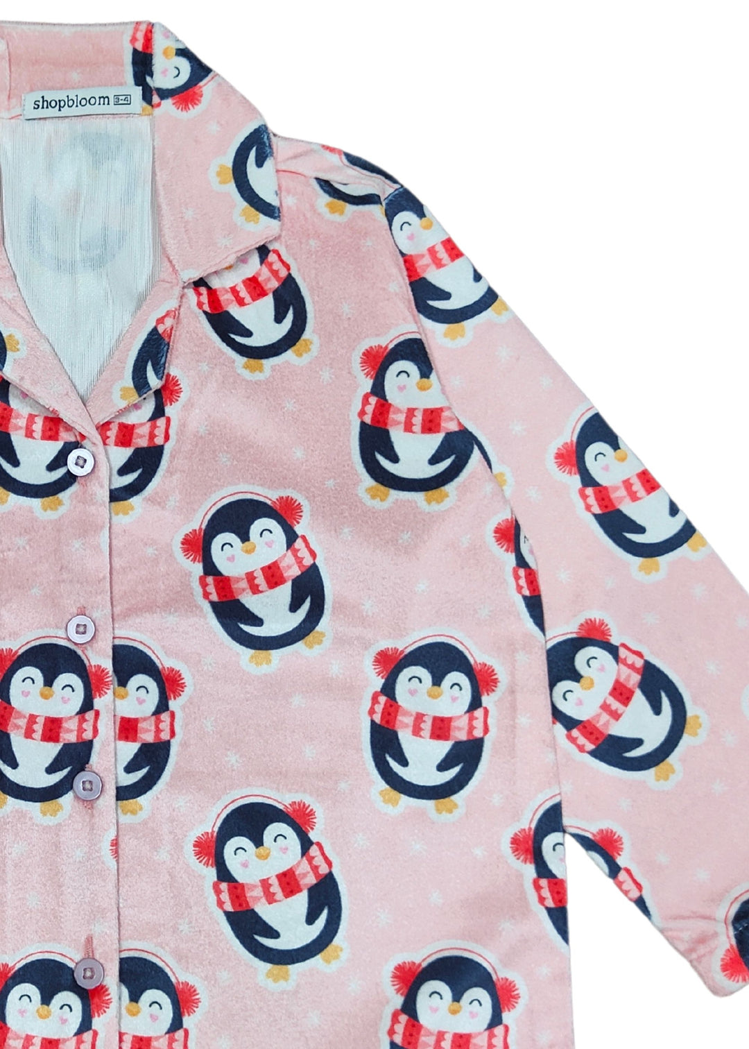 Pink Penguin Print Velvet Long Sleeve Kid's Night Suit