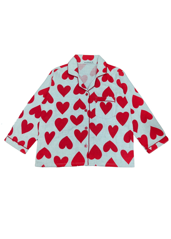 Red Hearts Print Cotton Flannel Long Sleeve Kid's Night Suit