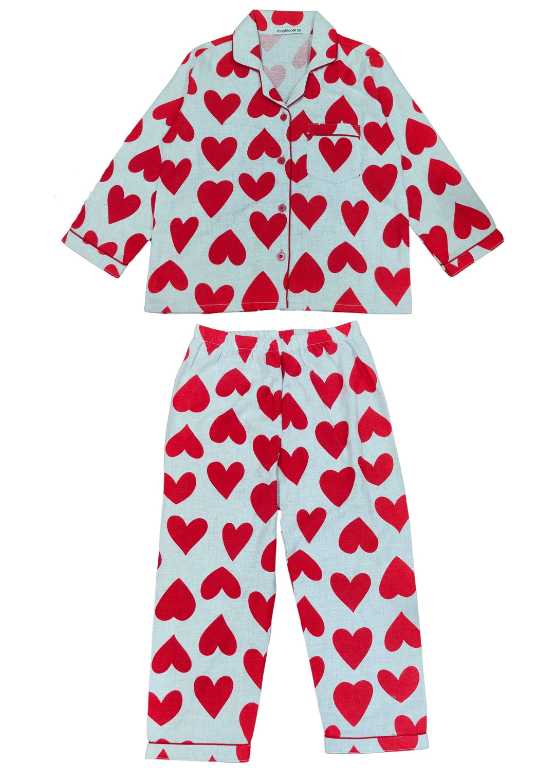 Red Hearts Print Cotton Flannel Long Sleeve Kid's Night Suit