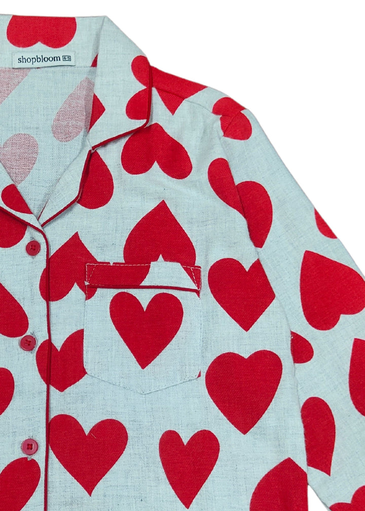 Red Hearts Print Cotton Flannel Long Sleeve Kid's Night Suit