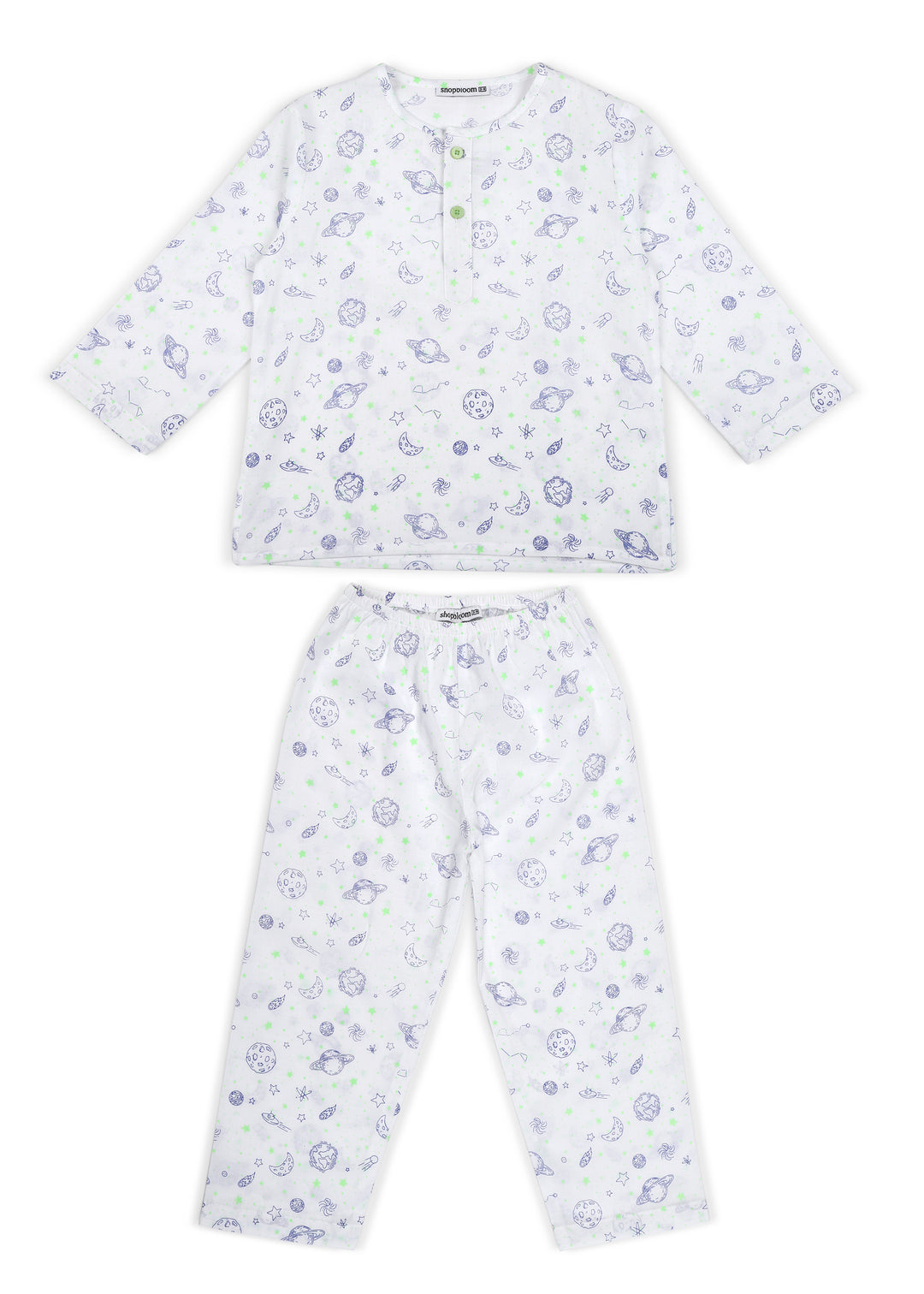 White Space Glow In The Dark Print Round Neck Long Sleeve Kids Night Suit