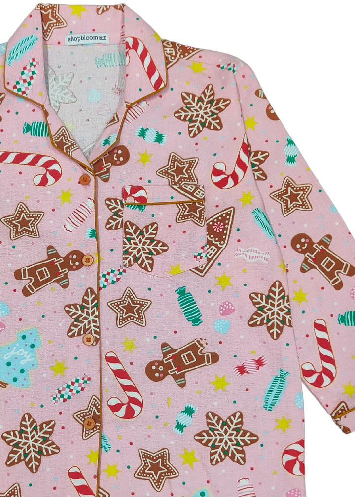 Women's Pink Gingerbread Print Cotton Flannel Long Sleeve Night Suit