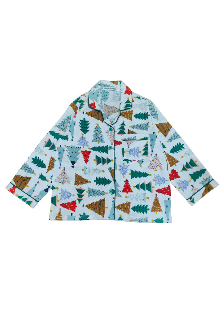 Multicolour Christmas Tree Print Cotton Flannel Long Sleeve Kid's Night Suit