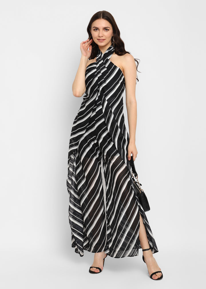 Black Halter Stripe Jumpsuit