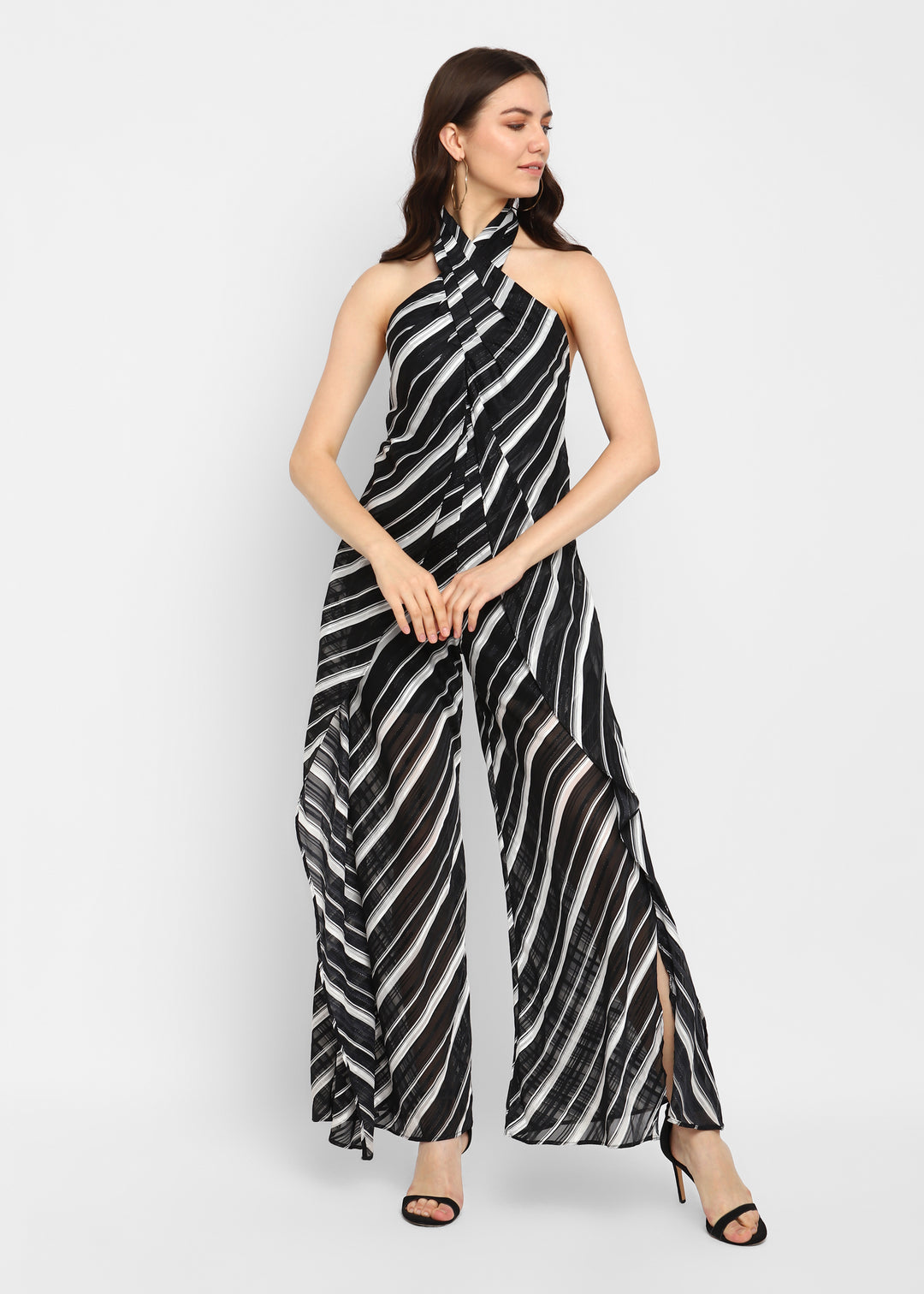 Black Halter Stripe Jumpsuit