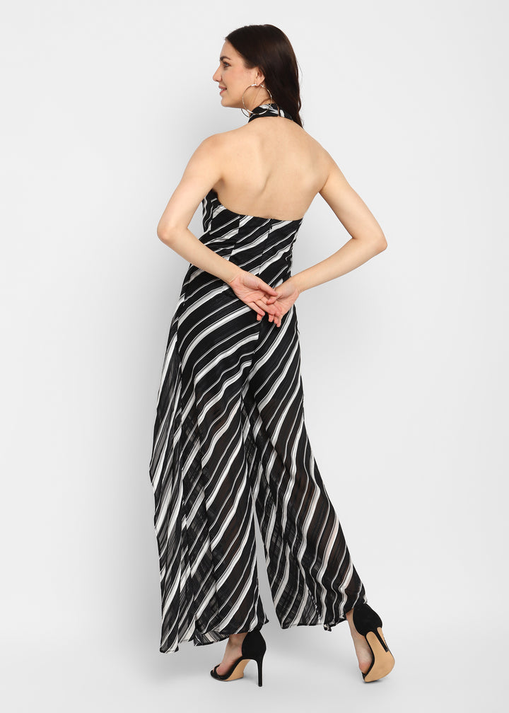 Black Halter Stripe Jumpsuit