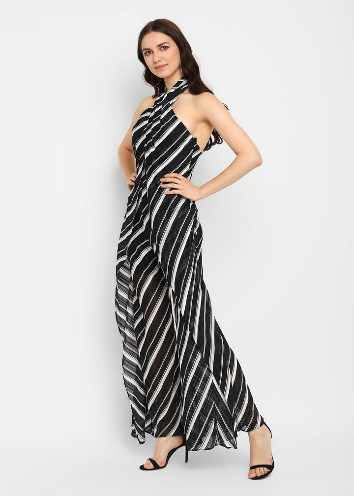 Black Halter Stripe Jumpsuit