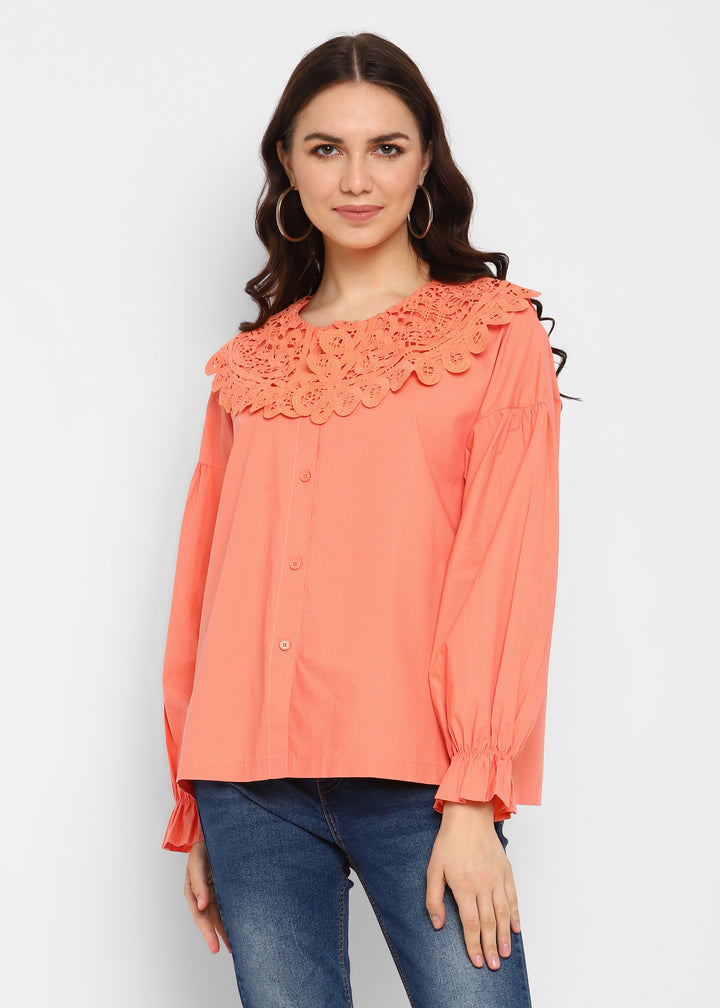 Orange Shirt with Collared Lace