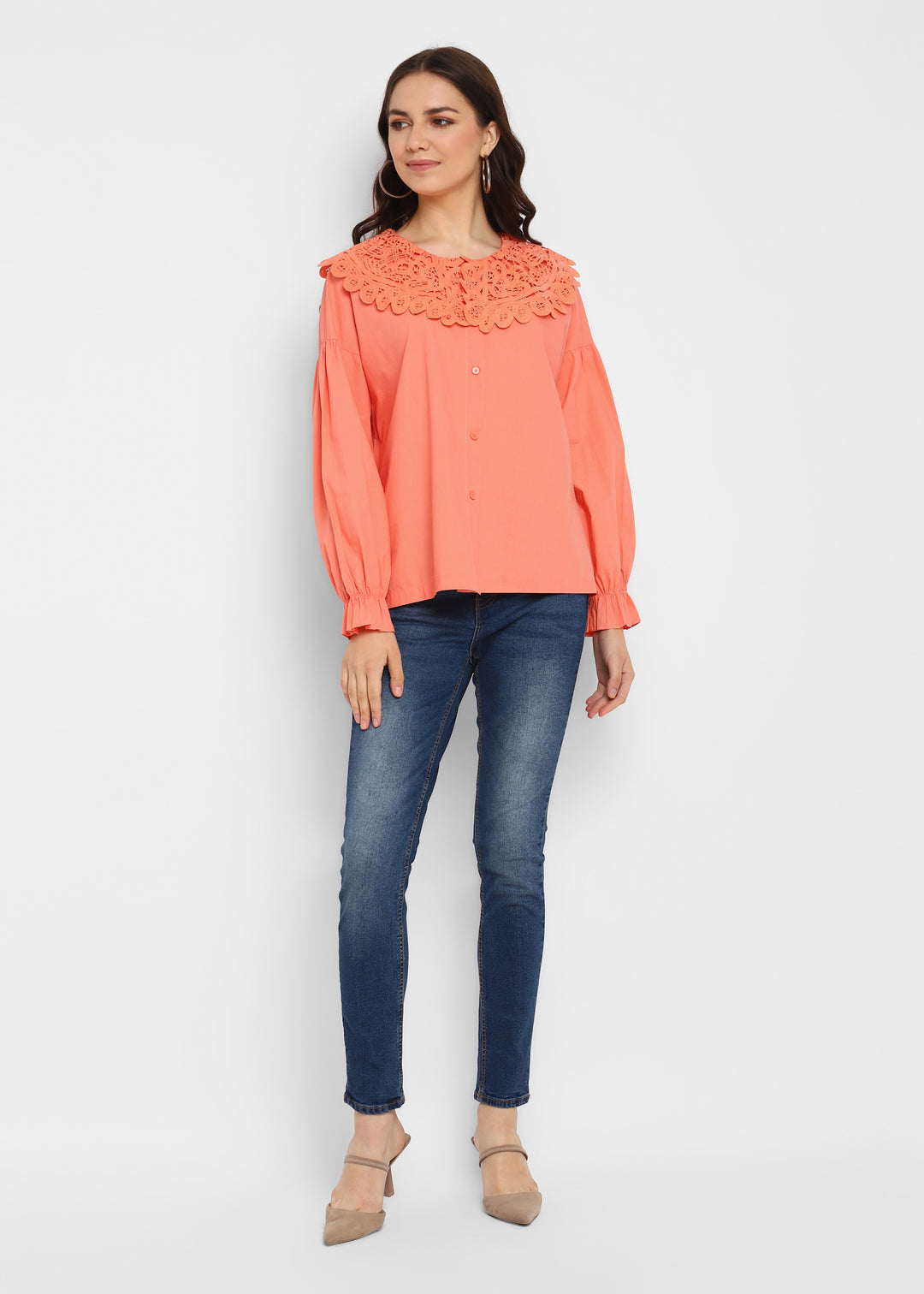 Orange Shirt with Collared Lace