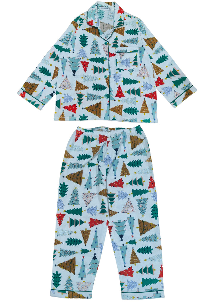 Multicolour Christmas Tree Print Cotton Flannel Long Sleeve Kid's Night Suit