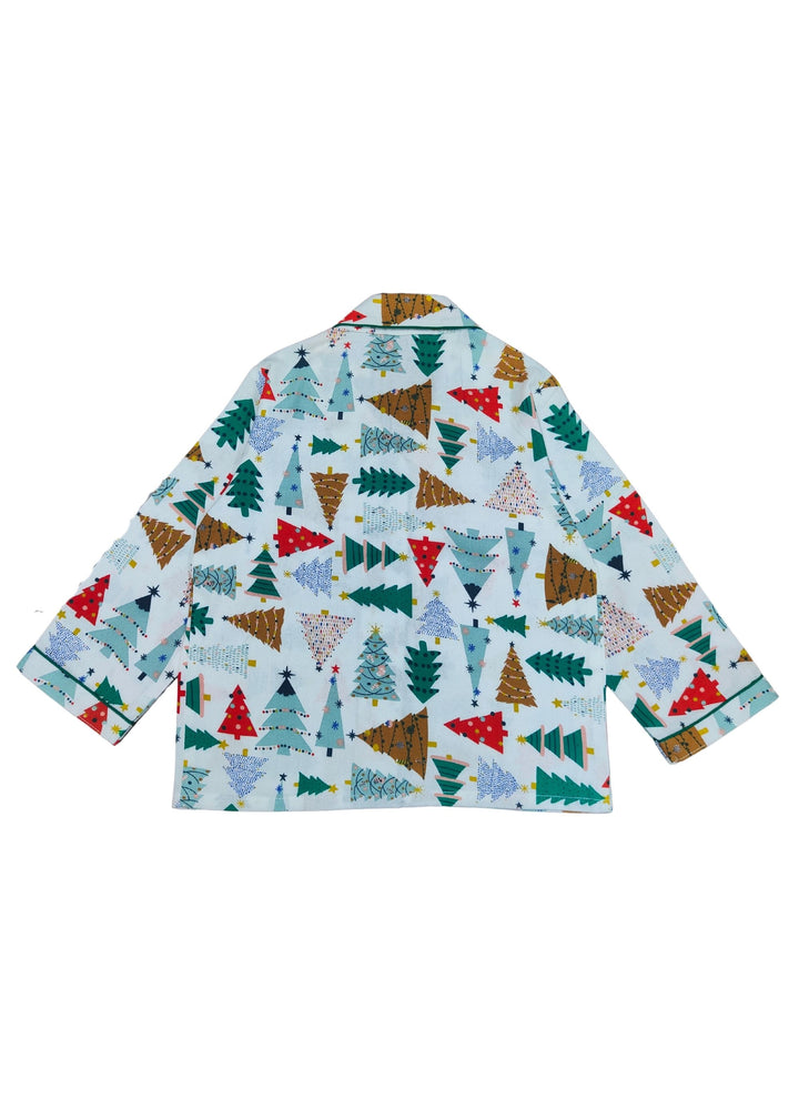 Multicolour Christmas Tree Print Cotton Flannel Long Sleeve Kid's Night Suit