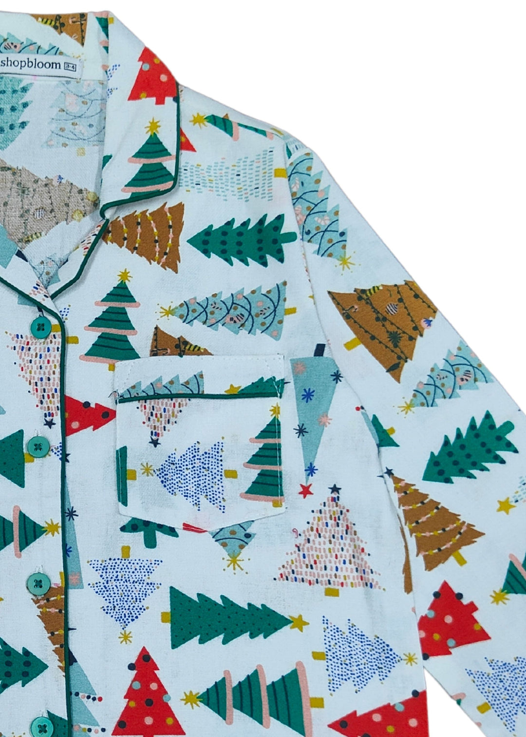 Multicolour Christmas Tree Print Cotton Flannel Long Sleeve Kid's Night Suit