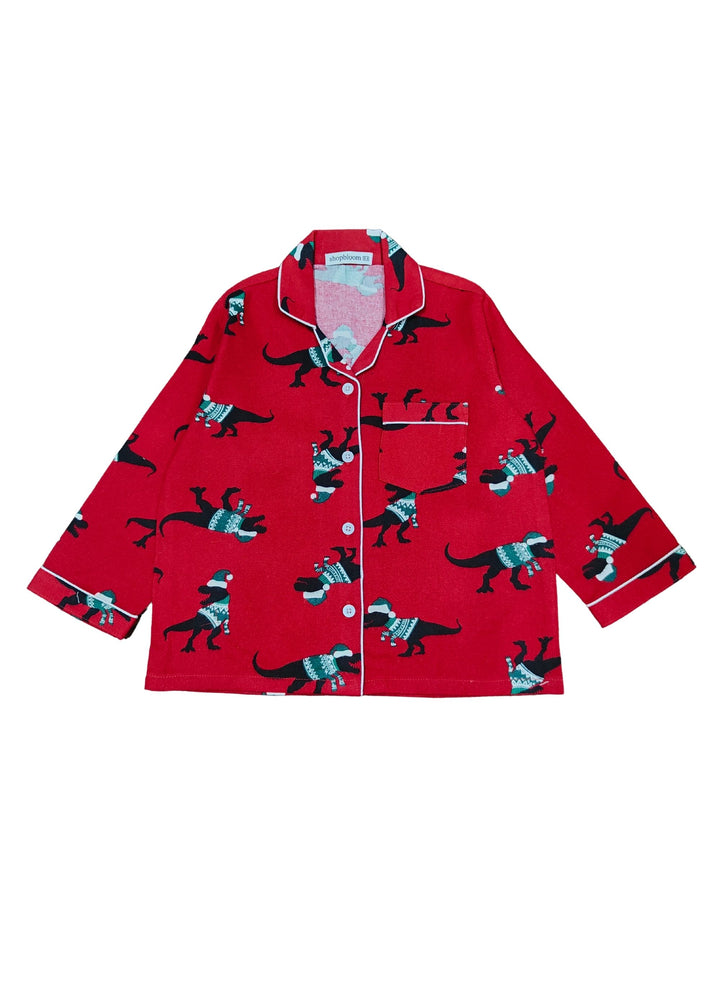 Red Dino Print Cotton Flannel Long Sleeve Kid's Night Suit