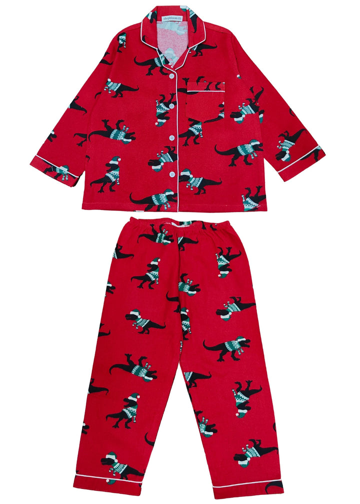 Red Dino Print Cotton Flannel Long Sleeve Kid's Night Suit