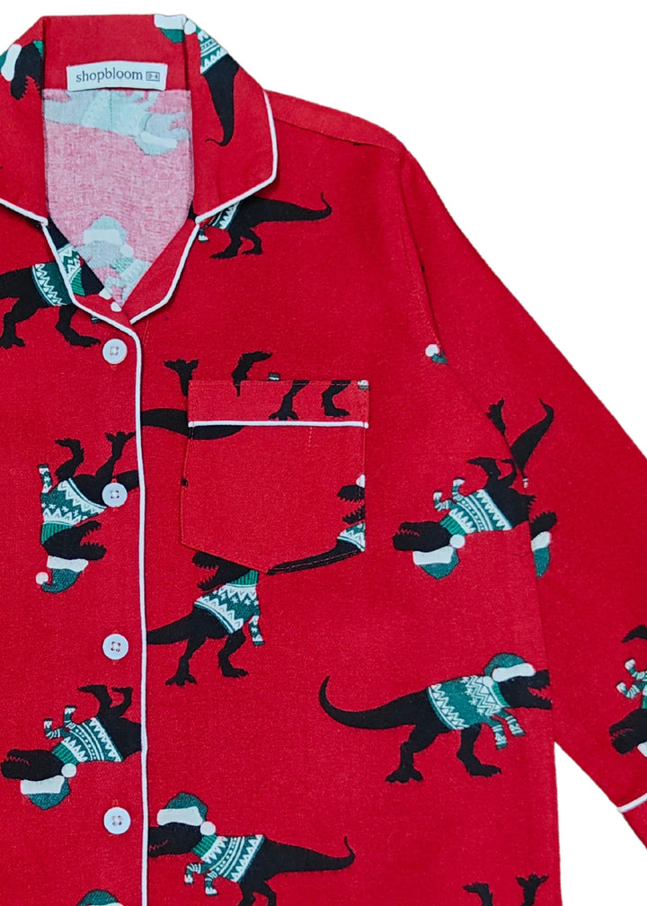 Red Dino Print Cotton Flannel Long Sleeve Kid's Night Suit