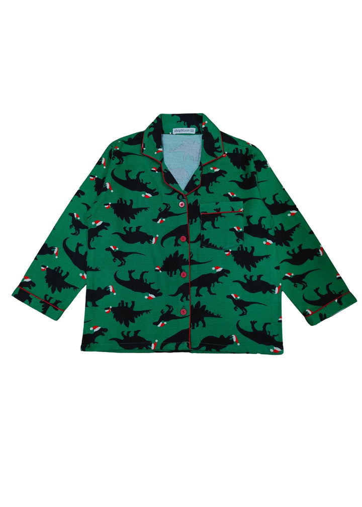 Green Dino Print Cotton Flannel Long Sleeve Kid's Night Suit