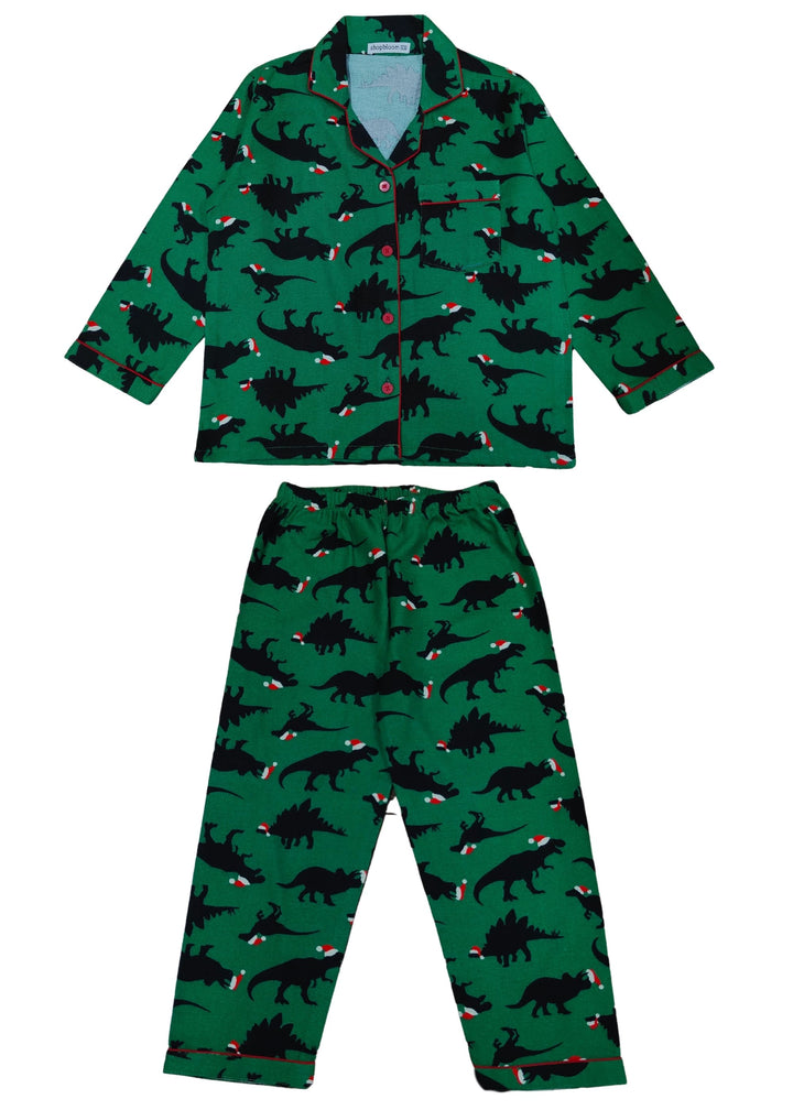 Green Dino Print Cotton Flannel Long Sleeve Kid's Night Suit