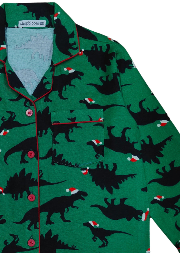 Green Dino Print Cotton Flannel Long Sleeve Kid's Night Suit