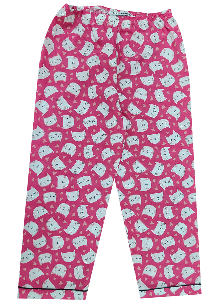 Bright Pink Kitty Long Sleeve Kids Night Suit