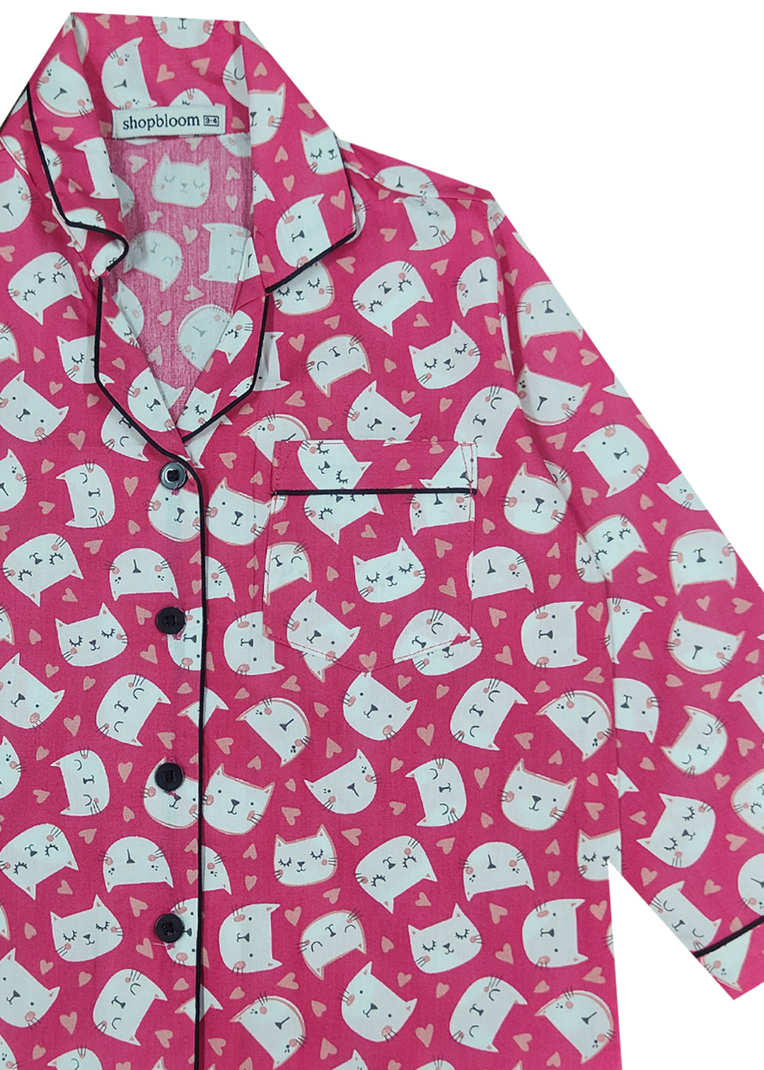 Bright Pink Kitty Long Sleeve Kids Night Suit