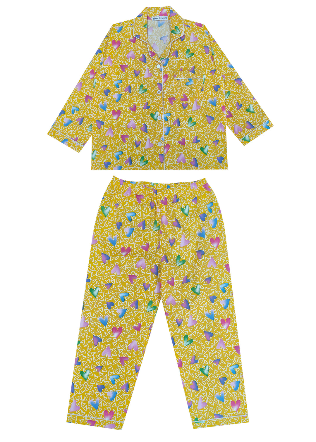 Yellow Hearts Print Long Sleeve Kids Night Suit