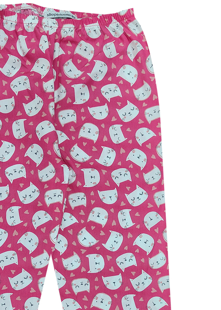 Bright Pink Kitty Long Sleeve Kids Night Suit