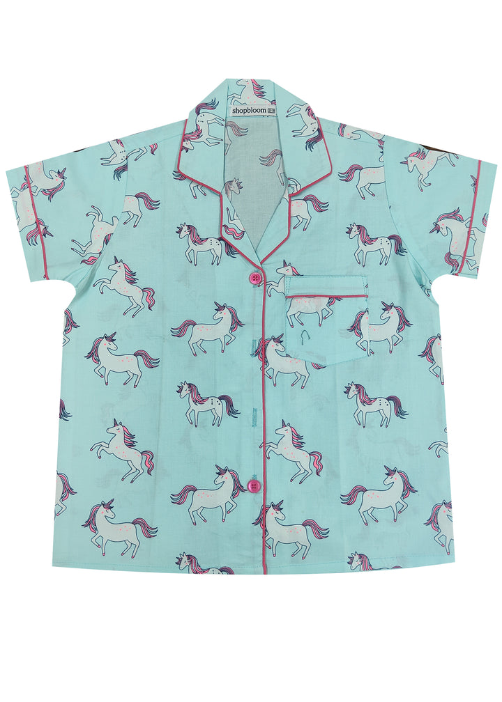 Light Blue Unicorn Print Long Sleeve Kids Night Suit