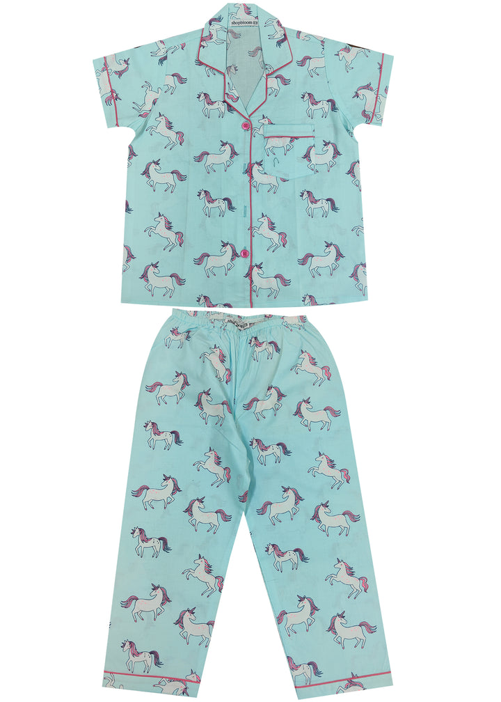 Light Blue Unicorn Print Long Sleeve Kids Night Suit