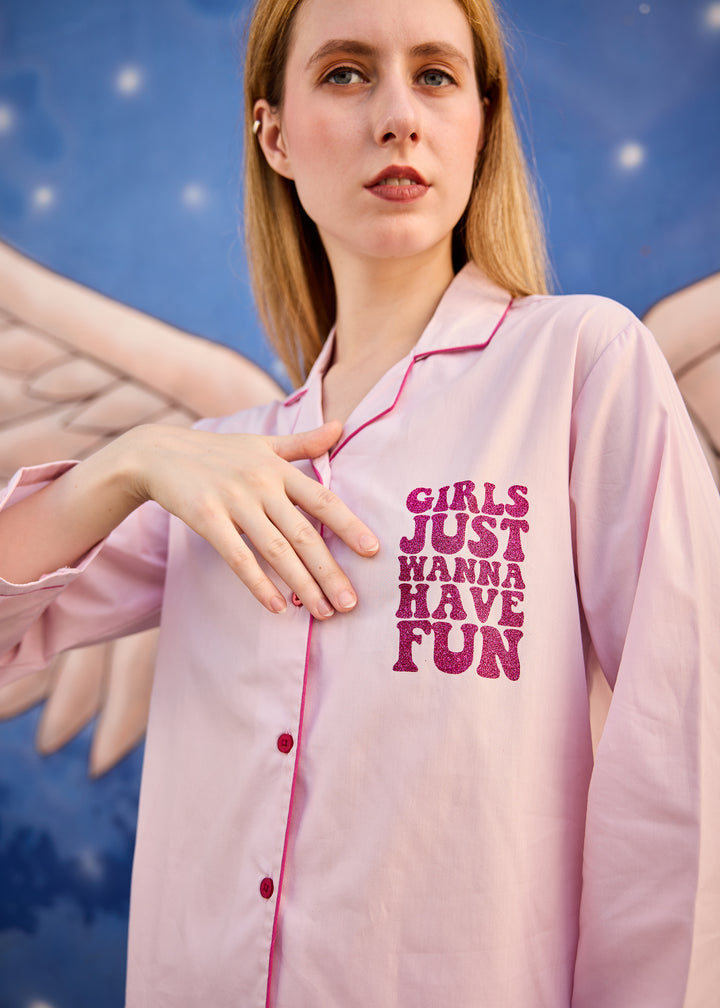 Girls Just Wanna Have Fun Glitter Long Sleeve Women's Night Suit