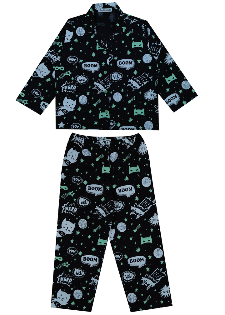 Glow in the Dark Superheroes Print Long Sleeve Kids Night Suit