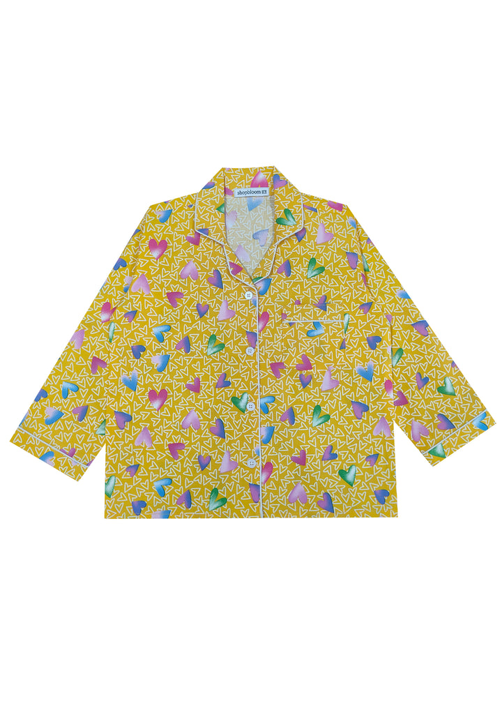 Yellow Hearts Print Long Sleeve Kids Night Suit