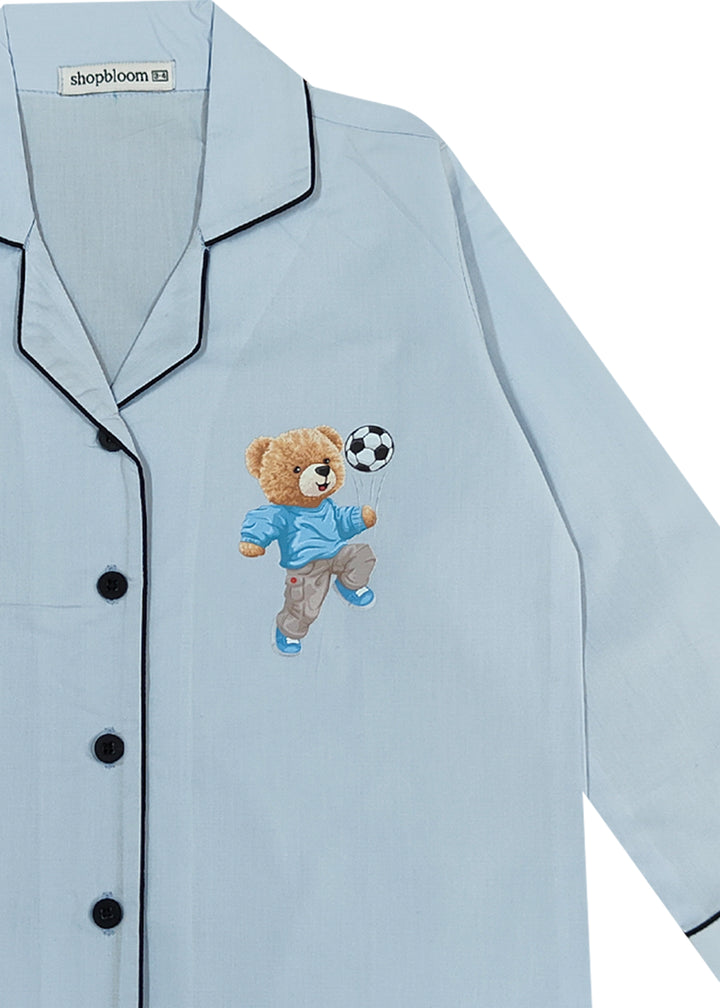 Football Teddy Print Long Sleeve Kids Night Suit