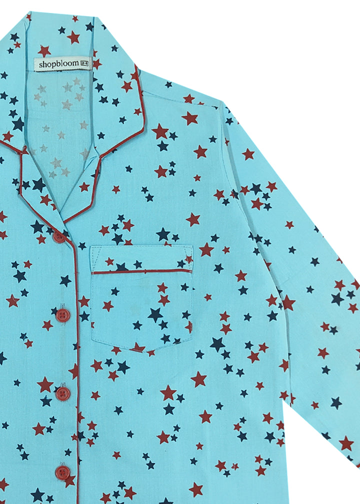 Blue and Red stars Long Sleeve Kids Night Suit